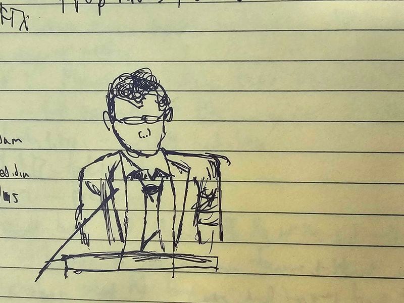 Artist's sketch of former FTX developer Adam Yedidia testifying in court (Nik De for CoinDesk)