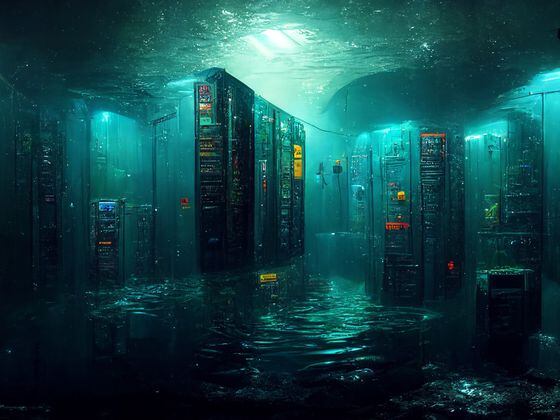 DO NOT USE: CDCROP: AI Generated Art Artwork Computer Servers under water submerged pool (Midjourney/CoinDesk)