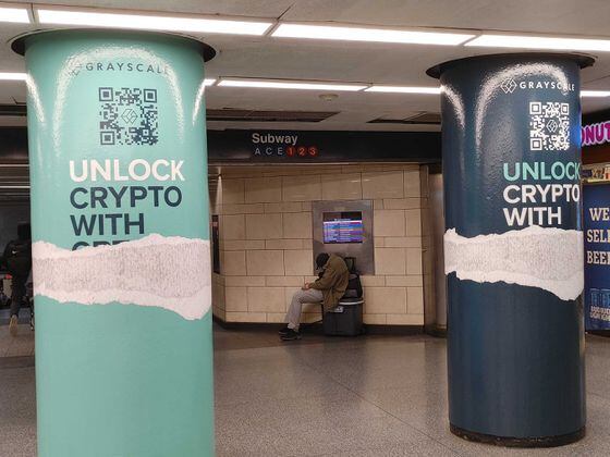 Grayscale's new ad campaign in New York's Penn Station. (Nikhilesh De/CoinDesk)