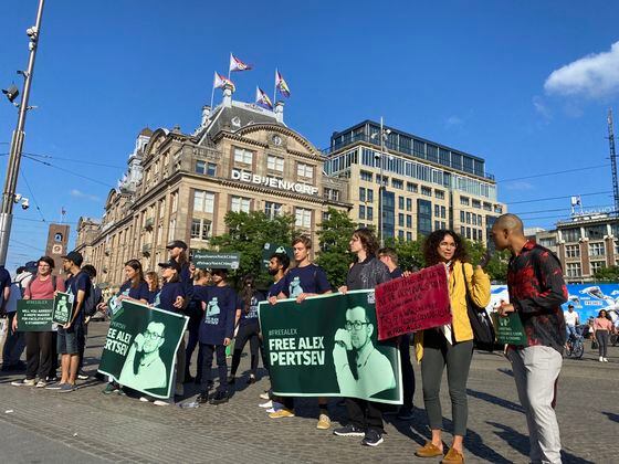 A protest against Pertsev's arrest in Amsterdam Saturday