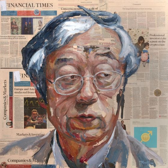 The Architect - Satoshi, Oil and wax on Financial Times, 101 x 101 cm, 2018
