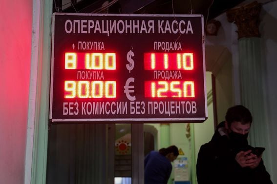 The Russian ruble lost value relative to the dollar after global sanctions were enacted. (Andrey Rudakov/Bloomberg via Getty Images)
