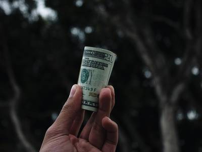 hand holding $20 bill in front of trees