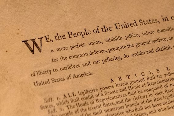 NEW YORK, NEW YORK - SEPTEMBER 17: A close up of the First Printing of the Final Text of the United States Constitution is on display during a press preview at Sotheby's on September 17, 2021 in New York City. This one of 11 known copies of the official printing produced for the delegates to Constitutional Convention and for the Continental Congress. This is the only one that has remained in private hands.