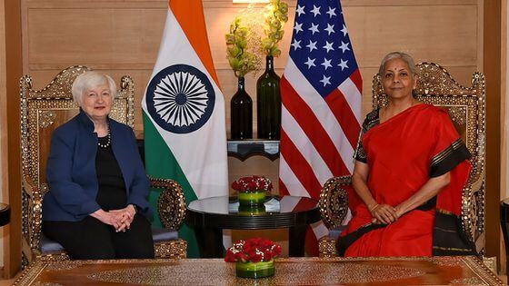 Indian Finance Minister Nirmala Sitharaman (right) ahead of India’s G20 Presidency with U.S. Treasury Secretary Janet Yellen. (Indian Finance Ministry)