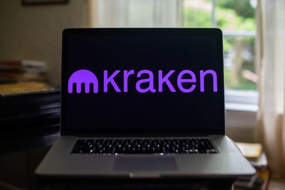 The Kraken logo on a laptop computer arranged in Dobbs Ferry, New York, U.S., on Saturday, May 22, 2021. Elon Musk continued to toy with the price of Bitcoin Monday, taking to Twitter to indicate support for what he says is an effort by miners to make their operations greener. Photographer: Tiffany Hagler-Geard/Bloomberg via Getty Images