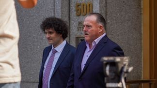 Sam Bankman-Fried (left) exiting a New York courthouse earlier in 2023. (Nikhilesh De/CoinDesk)