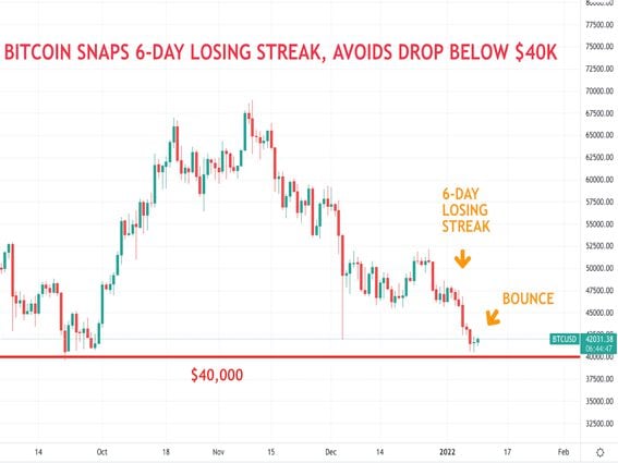 Bitcoin's daily price chart shows the cryptocurrency rebounding after a six-day losing streak. (TradingView/CoinDesk)