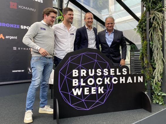 Participants at Brussels Blockchain Week included, left to right, Laurent Godts, Deloitte; Florian Ernotte; Christophe de Beukelaer; Marc Toledo, Bit4You (Jack Schickler/CoinDesk)