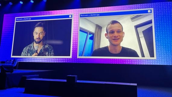 Ethereum's Vitalik Buterin (right) speaks with David Hoffman of Bankless at the Permissionless conference in Austin, Texas, in September 2023. (Bradley Keoun)