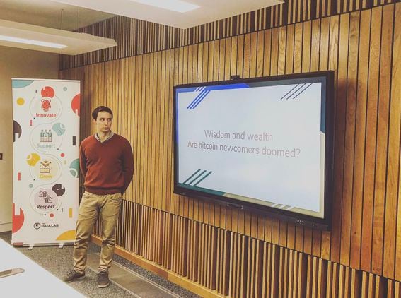 Max Sherwood speaks at a bitcoin meetup at the University of Edinburgh. (Photo courtesy of Scottish Blockchain Meetup)