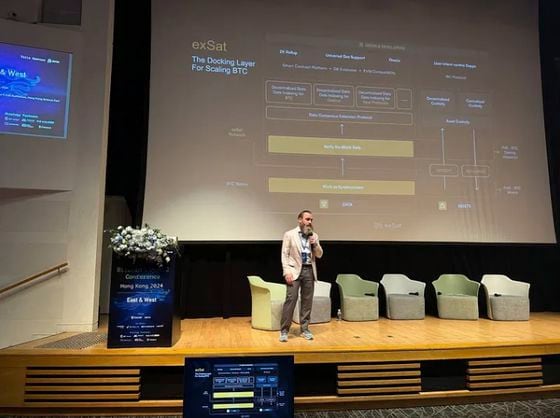 The EOS Network Foundation's Yves La Rose presents exSat at the BTC L2 Conference in Hong Kong