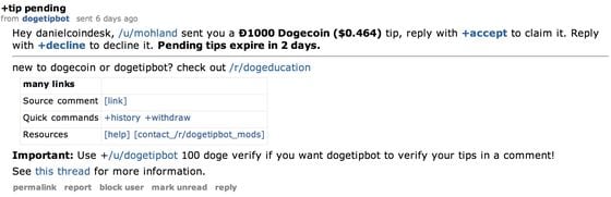  The message that reddit users get when they receive a DOGE tip.