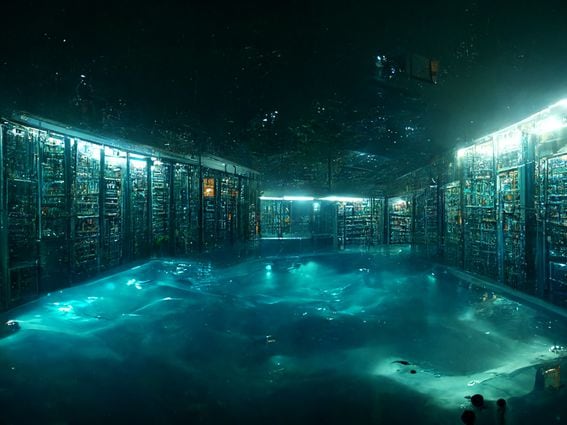 CDCROP: AI Generated Art Artwork Computer Servers under water submerged pool (Midjourney/CoinDesk)