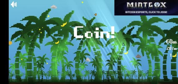 Sarutobi flying through the air after collecting a small in-game coin, which can be withdrawn into a Lightning Network wallet.