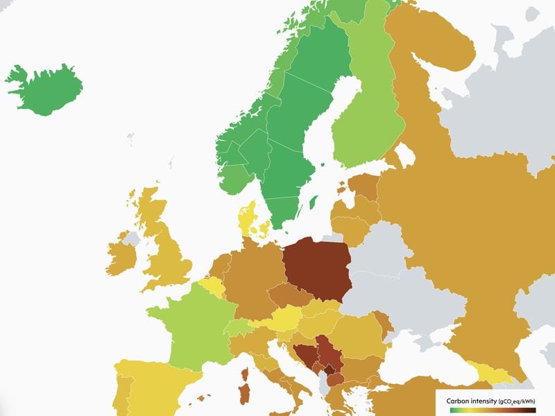 In Europe, the further north, the higher the use of carbon-free energy. (Electricity Maps/Edited by CoinDesk)