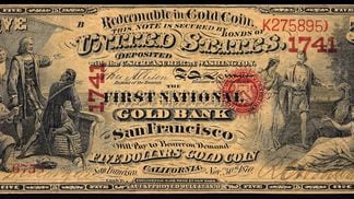 $5 National Gold Bank Note issued by the First National Gold Bank of San Francisco, California, 1870s.