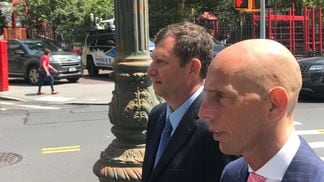 Former Celsius CEO Alex Mashinsky (left) and attorney Marc Mukasey outside a courthouse in New York on July 25, 2023. (Anna Baydakova/CoinDesk)