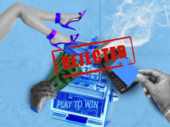 Collage of a slot machine (symbolizing gambling), smoke (for tobacco), high heels (representing adult entertainment), a hand holding a banknote, another holding a payment card, a mobile device, and a "denied" stamp. Illustration by Yunha Lee