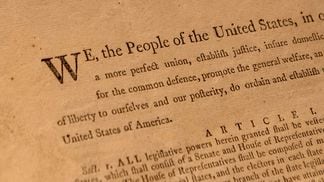NEW YORK, NEW YORK - SEPTEMBER 17: A close up of the First Printing of the Final Text of the United States Constitution is on display during a press preview at Sotheby's on September 17, 2021 in New York City. This one of 11 known copies of the official printing produced for the delegates to Constitutional Convention and for the Continental Congress. This is the only one that has remained in private hands.