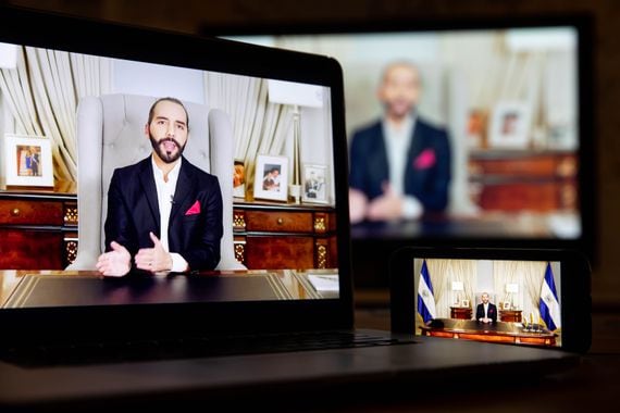 Nayib Bukele, El Salvador's president, speaks in a prerecorded video during the United Nations General Assembly via live stream in New York, U.S., on Thursday, Sept. 23, 2021. A scaled-back United Nations General Assembly returns to Manhattan after going completely virtual last year, but fears about a possible spike in Covid-19 cases are making people in the host city less enthusiastic about the annual diplomatic gathering. Photographer: Michael Nagle/Bloomberg via Getty Images