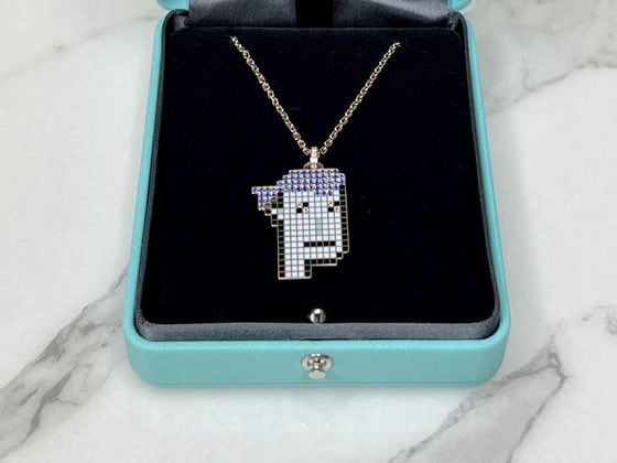 Diamond encrusted CryptoPunk necklace being sold at Tiffany. (Photo provided by Chain)