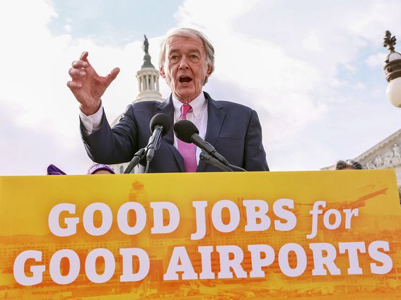 WASHINGTON, DC - DECEMBER 08: Senator Edward Markey (D-MA) speaks during a press conference held by airport workers and members of SEIU to ask congress to pass the "Good Jobs for Good Airports Act" on Capitol Hill on December 08, 2022 in Washington, DC. (Photo by Jemal Countess/Getty Images for SEIU)