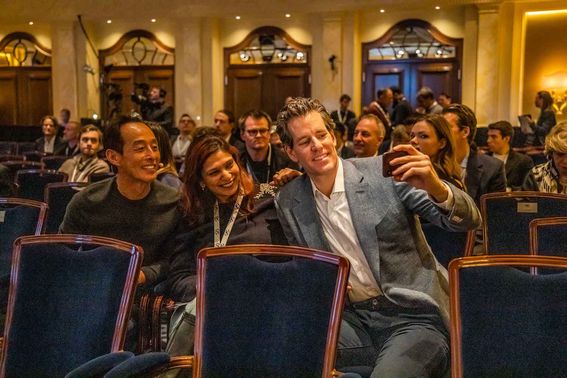 Young Sohn, Kavita Gupta and Cameron Winklevoss pose for a selfie at the CFC St. Moritz conference. (Photo courtesy of CFC St. Moritz)