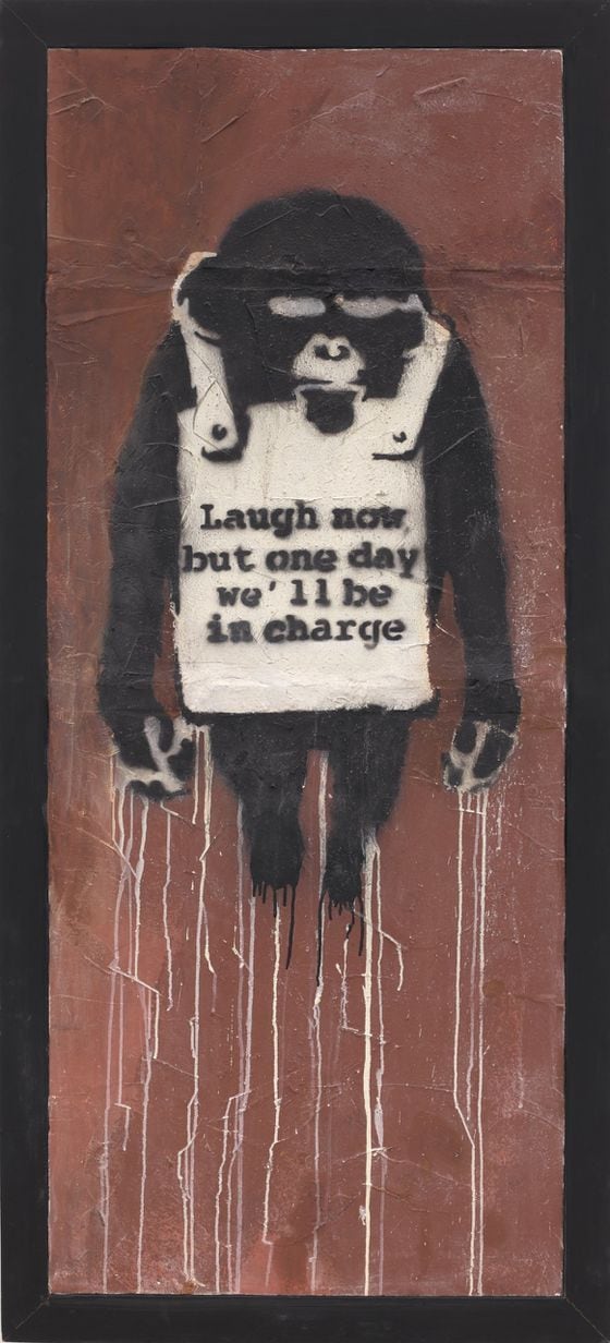 Banksy's "Laugh Now Panel A, 2002" spray paint and emulsion on dry wall, 178.5 x 74 cm.