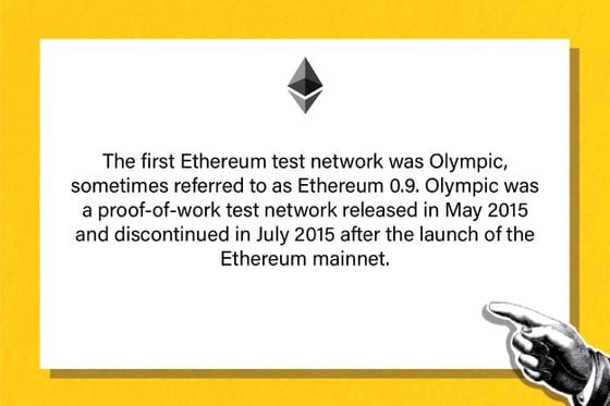The first Ethereum test network was Olympic, sometimes referred to as Ethereum 0.9. Olympic was a proof-of-work test network released in May 2015 and discontinued in July 2015 after the launch of the Ethereum mainnet.
