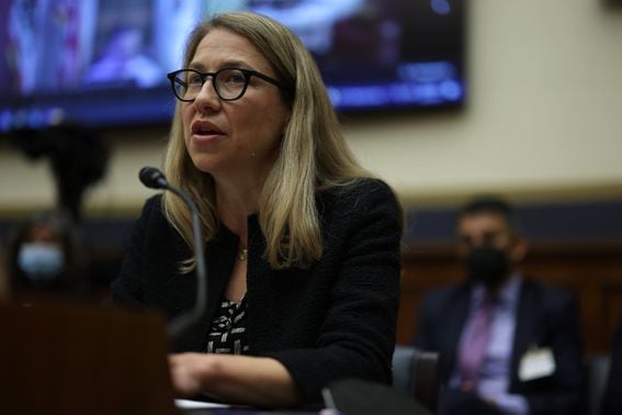 Alesia Haas, CEO of Coinbase Inc. and chief financial officer of Coinbase Global Inc., speaks at a House Financial Services Committee. (Alex Wong/Getty Images)