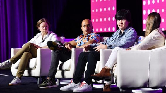 From left to right: Maple CEO Sidney Powell, Uniswap Labs Head of Policy Salman Banaei, dYdX Marketing Lead Nathan Cha and Camilla Russo. (Shutterstock/CoinDesk)