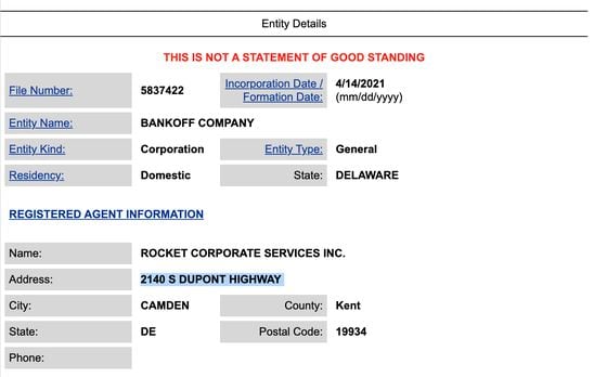 A legal entity named Bankoff Company was registered in Delaware in April 2021.