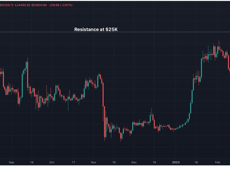 Bitcoin's rally stalls at $25,000, the level that capped the August 2022 bounce.