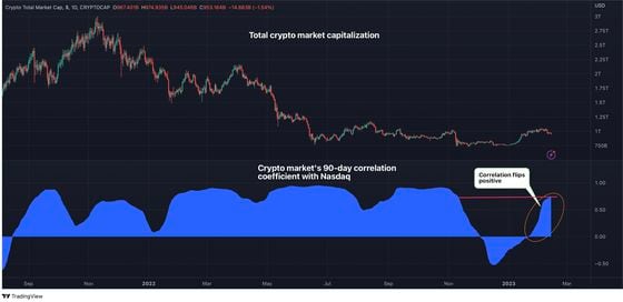 The renewed positive correlation implies increased sensitivity of cryptocurrencies to factors affecting stock markets like the U.S. CPI release. (CoinDesk/TradingView)