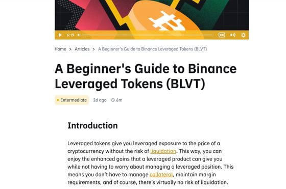Screenshot of "A Beginner's Guide to Binance Leveraged Tokens," posted or updated on the Binance website two days ago. 