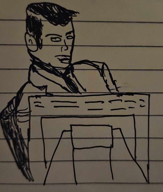 Sketch of FBI Agent Richard Busick testifying in the Sam Bankman-Fried trial (Nik De/CoinDesk)