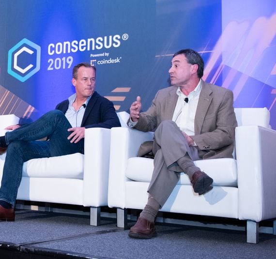 Voyager CEO Steve Ehrlich (right) with Robert Dykes of Caspian at Consensus 2019. (CoinDesk archives)
