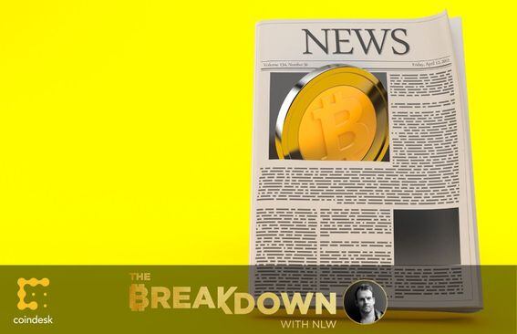 Digital 3D illustration of a newspaper with a physical bitcoin bursting from the lead image, as today’s episode on the mainstream media being more positive about bitcoin.