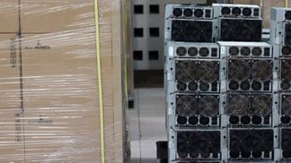 New and old bitcoin mining rigs at CleanSpark's site in Georgia. (Eliza Gkritsi/CoinDesk)