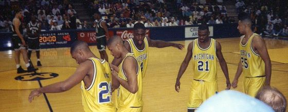 The "Fab Five" of the University of Michigan men's basketball team – from left to right, Jimmy King (24), Jalen Rose (5), Chris Webber (4), Ray Jackson (21), Juwan Howard (25). (Skoch3/Creative Commons)