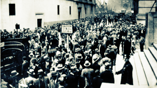 Panic on Wall Street, Oct. 24, 1929. (Associated Press/Wikimedia Commons, modified by CoinDesk)