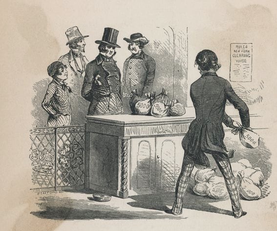 (Original Caption) New York: Paying out a ton of gold in the old Clearing House on Broadway. Banking Scene In The 1860's.