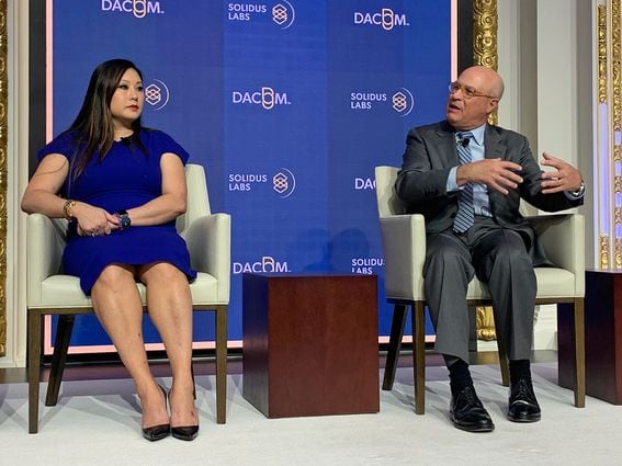 CFTC Commissioner Caroline Pham and former CFTC chief Chris Giancarlo at the DACOM summit in New York. (Cheyenne Ligon/CoinDesk)