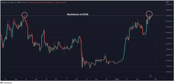 Bitcoin's rally stalls at $25,000, the level that capped the August 2022 bounce. (CoinDesk/TradingView)
