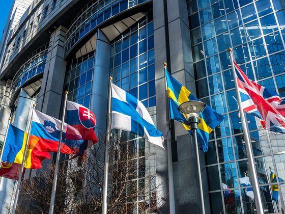 CDCROP: European national flags in front of European Parliament building in Brussels, Belgium. (Santiago Urquijo/Getty Images)