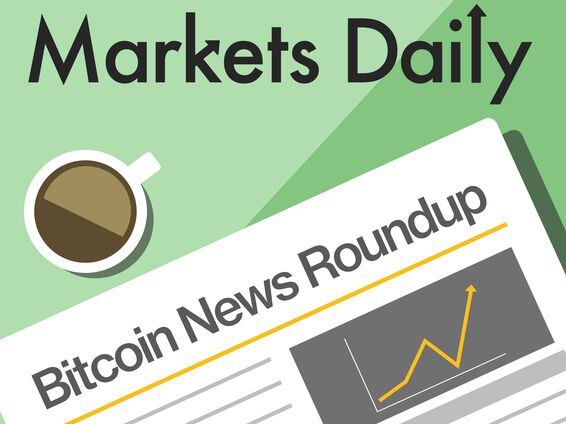 Illustration for the Markets Daily podcast including the title of the podcast and looking down from above on a cup of coffee and a newspaper with the title "Bitcoin News Roundup."
