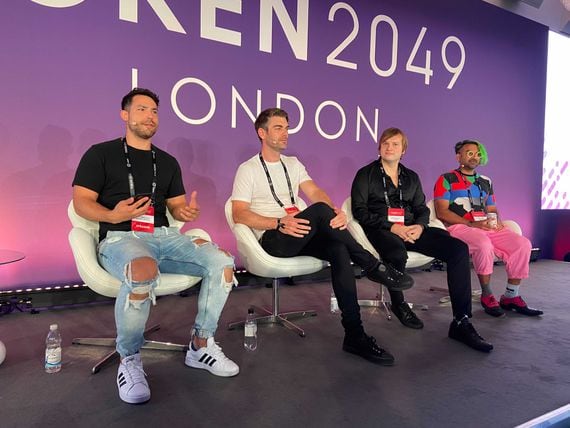 Aave founder Stani Kulechov (third from left) speaks at 2021's Token2049 event in London. (Ian Allison/CoinDesk archives)