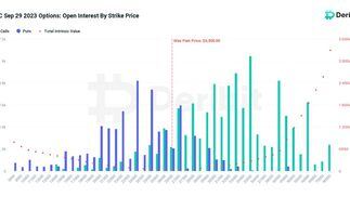Bitcoin options open interest by strike with max pain level. (Deribit)