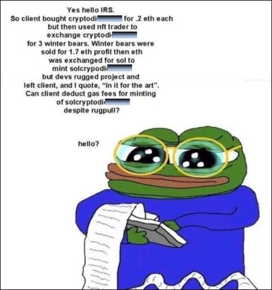 A Pepe meme about the complexity of DeFi and taxes (author unknown)